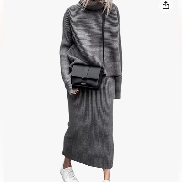 14. Loveimgs Outfits Ribbed Knit Long Sleeve Turtleneck Midi Pencil Skirt Set - Picture 4 of 16